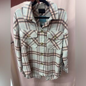 Timing Cream Plaid Button-Up Shacket with Orange and Navy Stripes